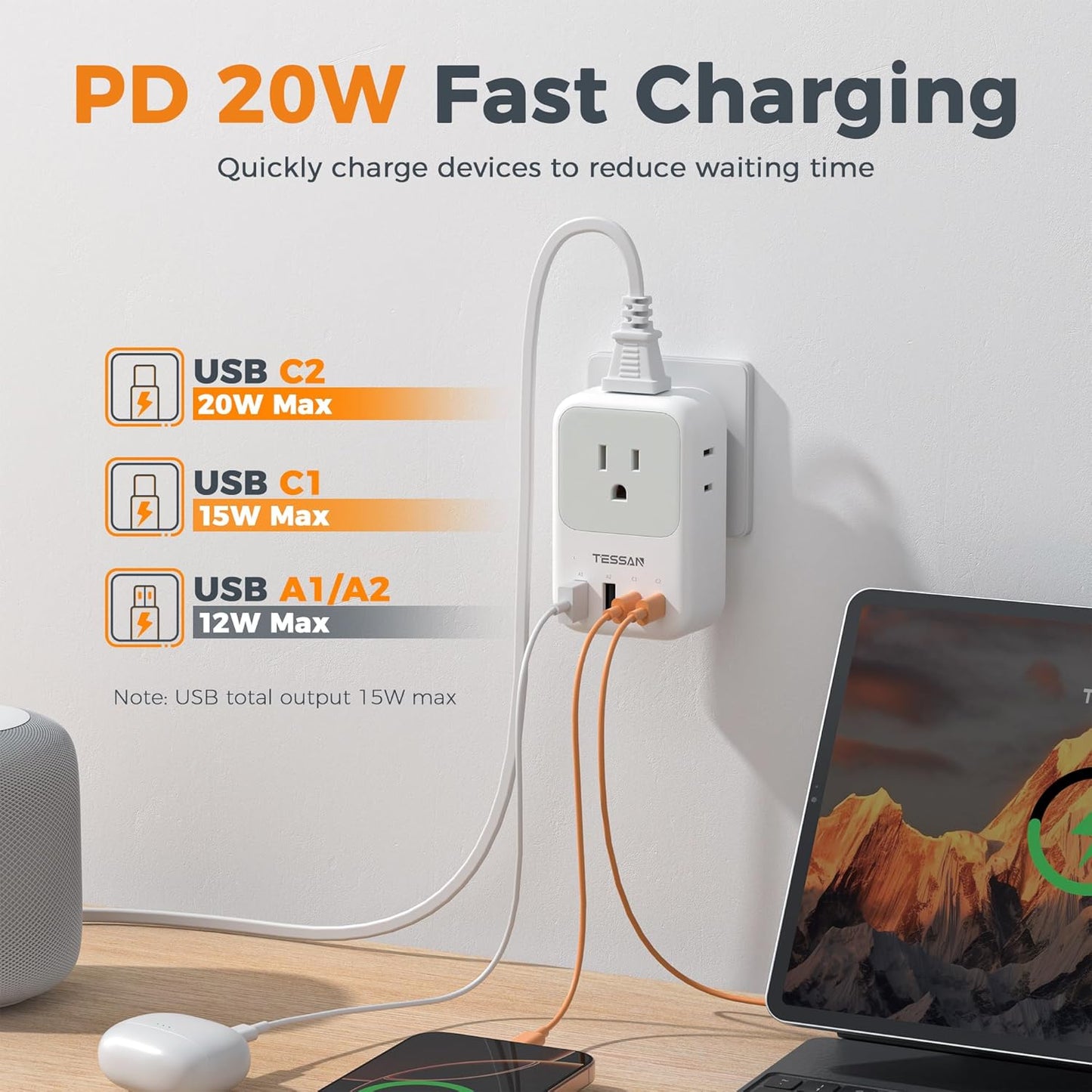 USB C Charger Block 20W PD, Fast Charging Adapter with Foldable Plug, 1875W Power Outlet Extender(4 AC and 4 USB) for Cruise, Home, Office, Dorm Room Essentials, Grey