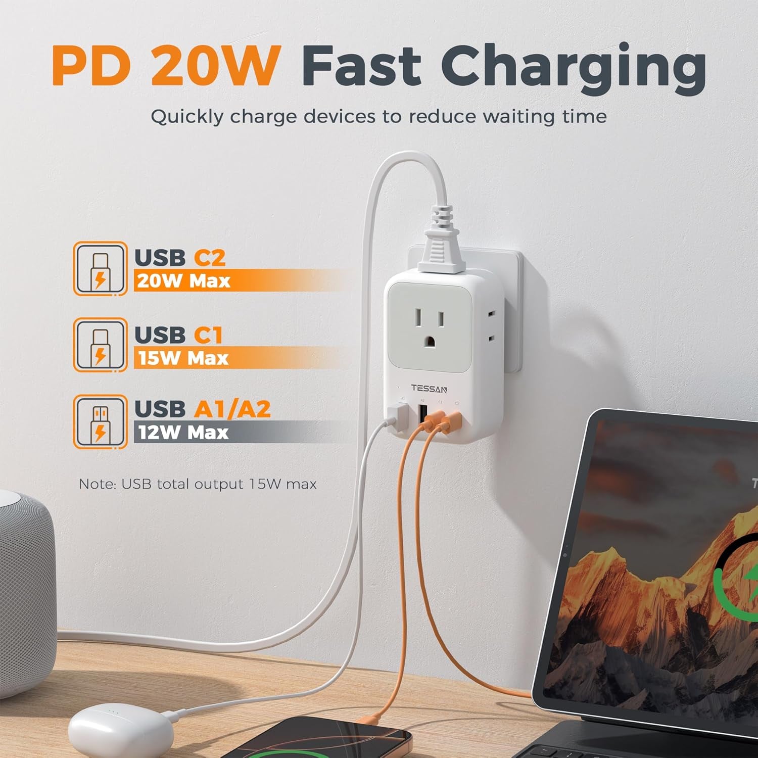 USB C Charger Block 20W PD, Fast Charging Adapter with Foldable Plug, 1875W Power Outlet Extender(4 AC and 4 USB) for Cruise, Home, Office, Dorm Room Essentials, Grey