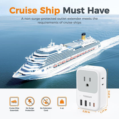 USB C Charger Block 20W PD, Fast Charging Adapter with Foldable Plug, 1875W Power Outlet Extender(4 AC and 4 USB) for Cruise, Home, Office, Dorm Room Essentials, Grey