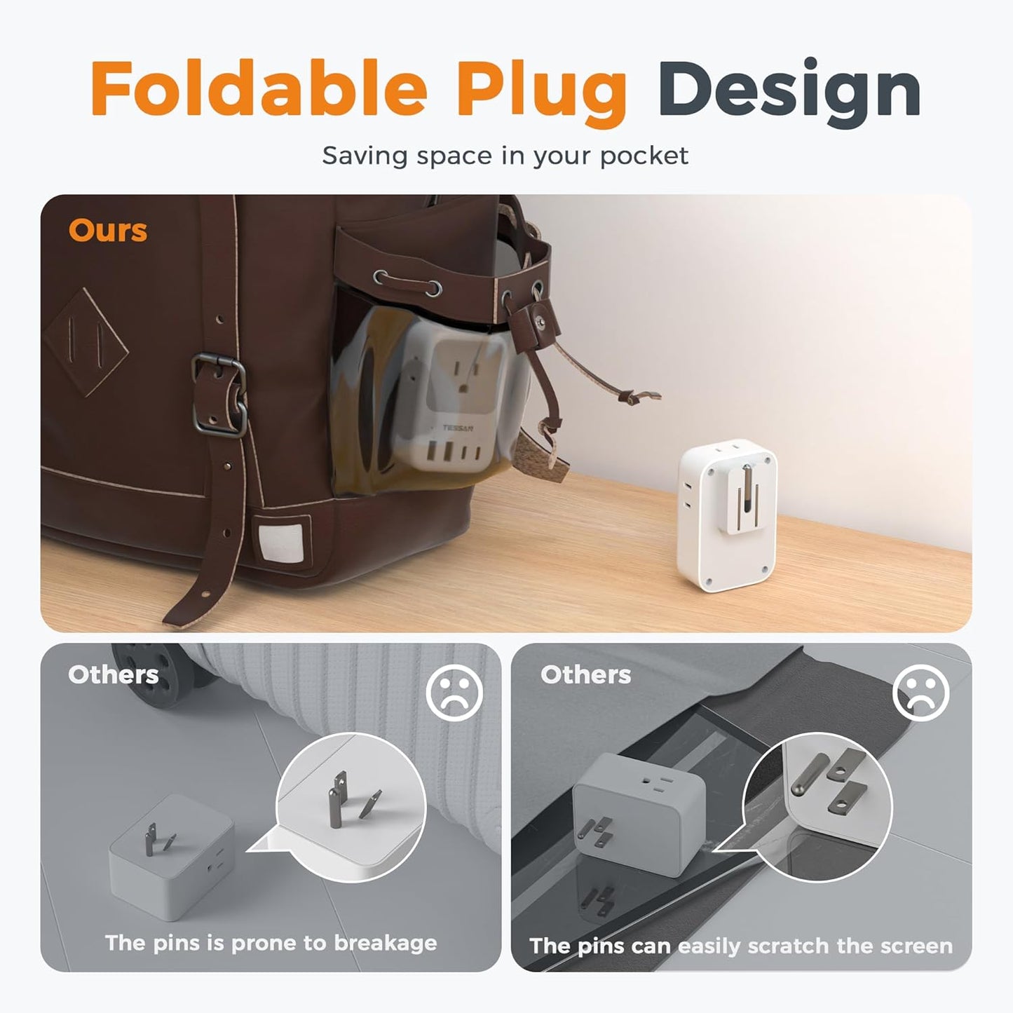 USB C Charger Block 20W PD, Fast Charging Adapter with Foldable Plug, 1875W Power Outlet Extender(4 AC and 4 USB) for Cruise, Home, Office, Dorm Room Essentials, Grey