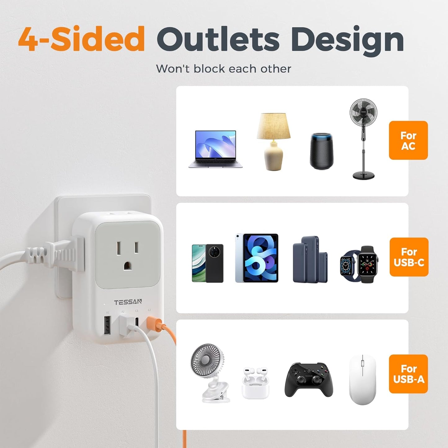 USB C Charger Block 20W PD, Fast Charging Adapter with Foldable Plug, 1875W Power Outlet Extender(4 AC and 4 USB) for Cruise, Home, Office, Dorm Room Essentials, Grey