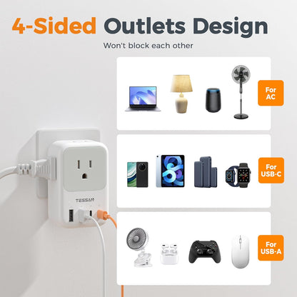 USB C Charger Block 20W PD, Fast Charging Adapter with Foldable Plug, 1875W Power Outlet Extender(4 AC and 4 USB) for Cruise, Home, Office, Dorm Room Essentials, Grey