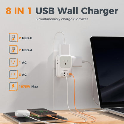 USB C Charger Block 20W PD, Fast Charging Adapter with Foldable Plug, 1875W Power Outlet Extender(4 AC and 4 USB) for Cruise, Home, Office, Dorm Room Essentials, Grey